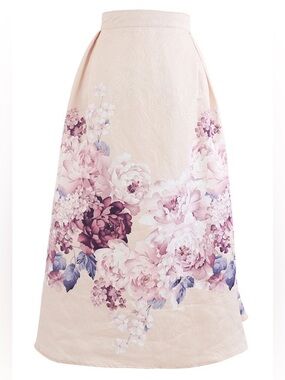 Chicwish Lavender Pink Peony Print Floral Embossed A-line Midi Skirt XL